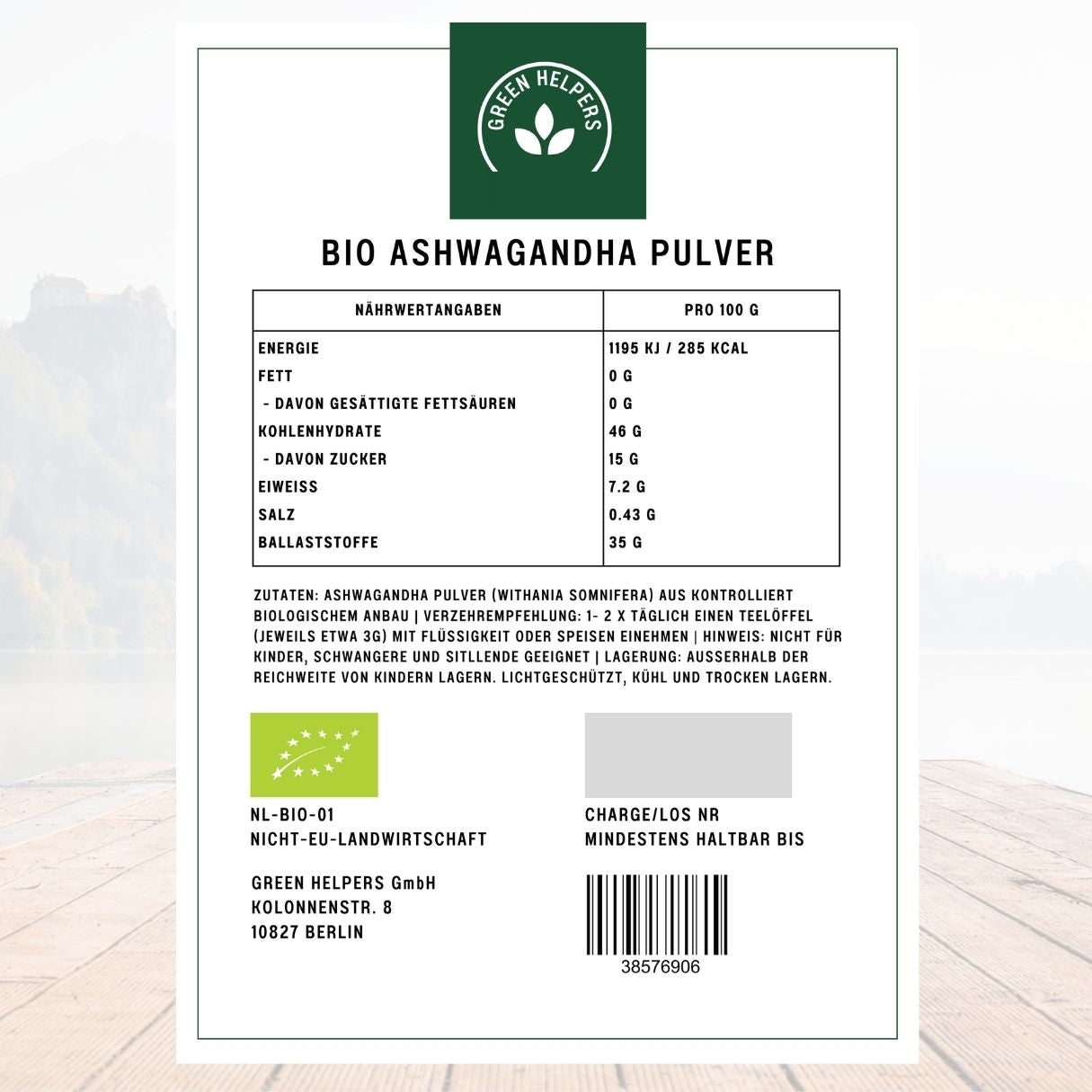 Ashwagandha Pulver kaufen Bio 250 Etikett