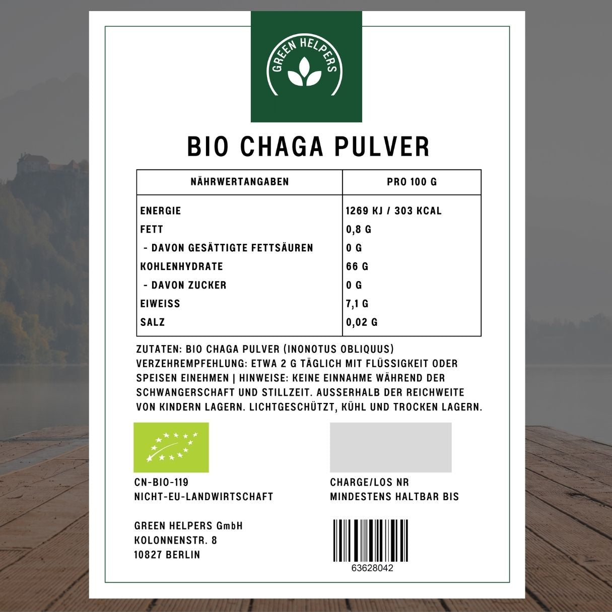 Chaga Pulver kaufen Bio 250 g Etikett