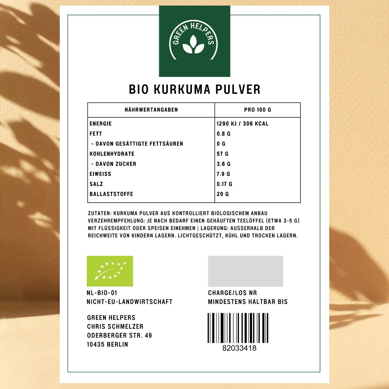 Kurkuma Pulver kaufen 250g Bio Etikett