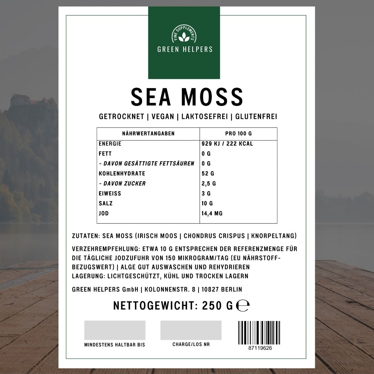 Sea Moss kaufen getrocknet ganze Alge Knorpeltang Chondrus Crispus Irish Moss Etikett